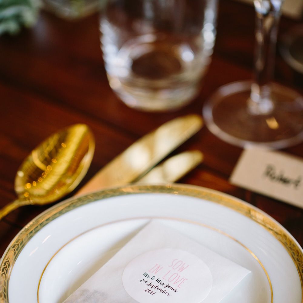 Gold Cutlery Place Setting | DIY Country Wedding at Warborne Farm, Lymington | Camilla Arnhold Photography