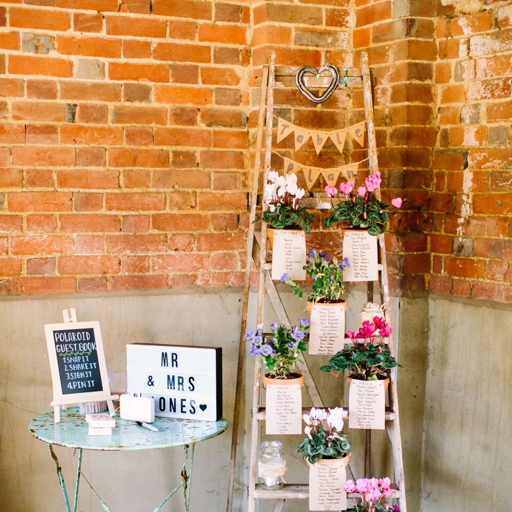 Vintage Step Ladder Table Plan | Light Box | DIY Country Wedding at Warborne Farm, Lymington | Camilla Arnhold Photography