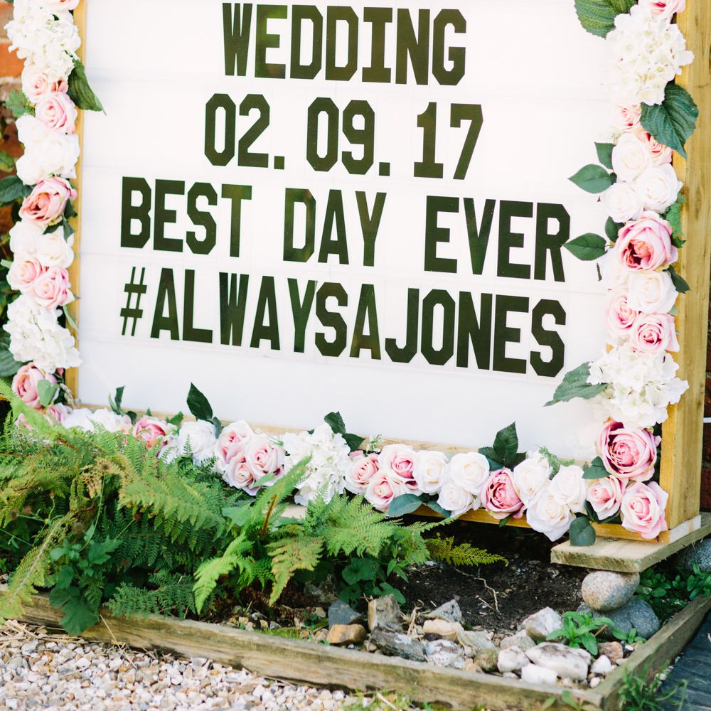 Floral Boarder Wedding Sign | DIY Country Wedding at Warborne Farm, Lymington | Camilla Arnhold Photography