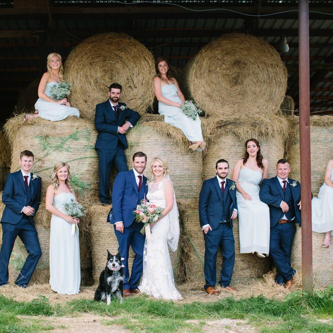 Wedding Party | Bride in Claire Pettibone Whitney Bridal Gown with Cape | Pale Blue Bridesmaid Dresses | Groomsmen in Navy Suits | DIY Country Wedding at Warborne Farm, Lymington | Camilla Arnhold Photography