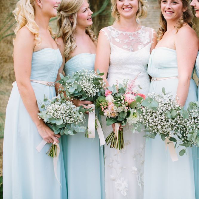 Bridal Party | Bride in Claire Pettibone Whitney Bridal Gown with Cape | Pale Blue Bridesmaid Dresses | DIY Country Wedding at Warborne Farm, Lymington | Camilla Arnhold Photography