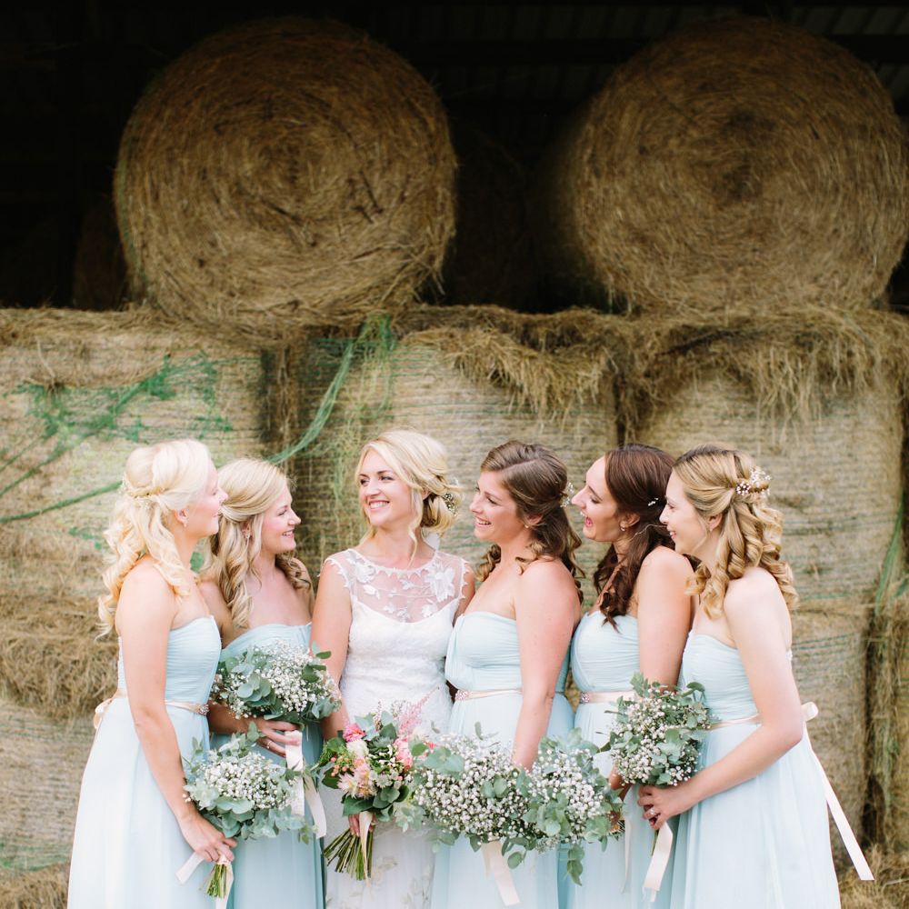 Bridal Party | Bride in Claire Pettibone Whitney Bridal Gown with Cape | Pale Blue Bridesmaid Dresses | DIY Country Wedding at Warborne Farm, Lymington | Camilla Arnhold Photography