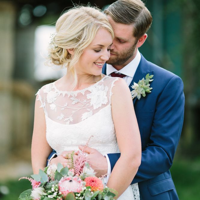 Bride in Claire Pettibone Whitney Bridal Gown with Cape | Groom in French Connection Navy Suit | DIY Country Wedding at Warborne Farm, Lymington | Camilla Arnhold Photography