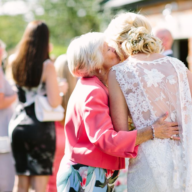 Bride in Claire Pettibone Whitney Bridal Gown with Cape | DIY Country Wedding at Warborne Farm, Lymington | Camilla Arnhold Photography
