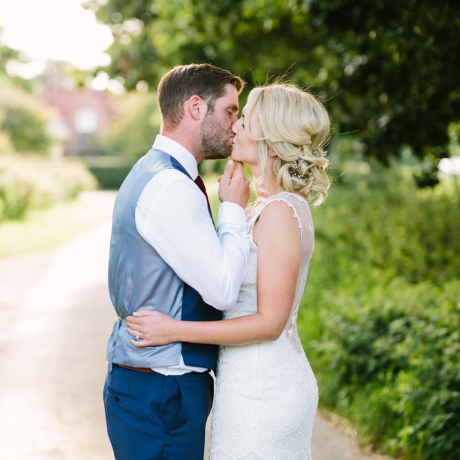Bride in Claire Pettibone Whitney Bridal Gown with Cape | Groom in French Connection Navy Suit | DIY Country Wedding at Warborne Farm, Lymington | Camilla Arnhold Photography