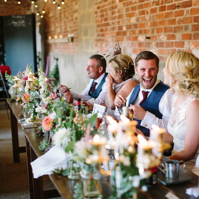 Wedding  Reception Speeches | Bride in Claire Pettibone Whitney Bridal Gown with Cape | Groom in French Connection Navy Suit | DIY Country Wedding at Warborne Farm, Lymington | Camilla Arnhold Photography