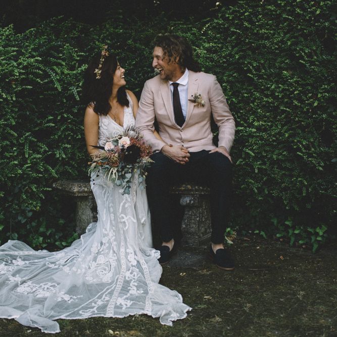 Groom In Pink Jacket For BBQ Wedding On Family Farm Planned In Just 6 Weeks // Images By Carrie Lavers Photography // Bride In Vintage Lace Jane Bourvis Gown