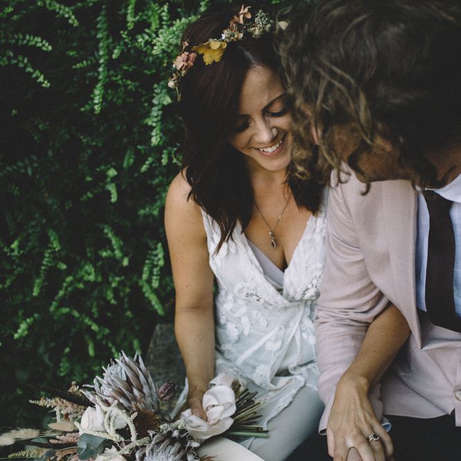 Groom In Pink Jacket For BBQ Wedding On Family Farm Planned In Just 6 Weeks // Images By Carrie Lavers Photography // Bride In Vintage Lace Jane Bourvis Gown