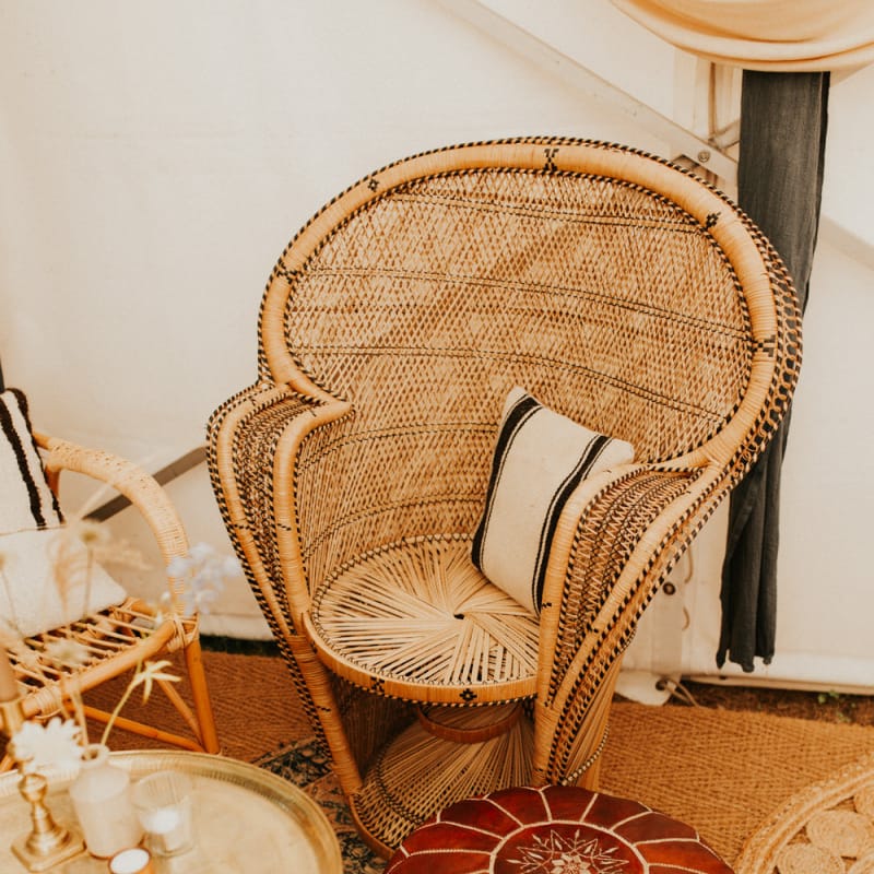 Wicker peacock chair at August 2020 wedding
