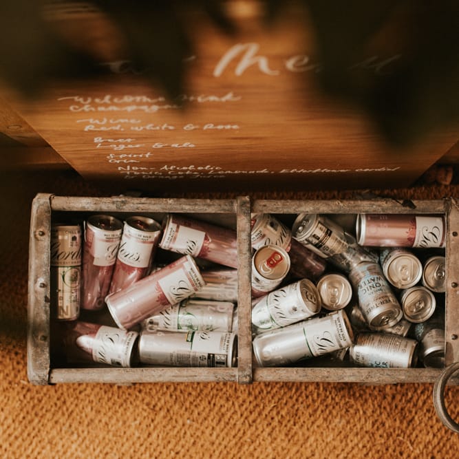 Individual cans of gin for August 2020 wedding reception