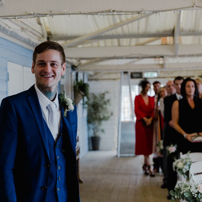 Groom at the Altar in Blue Three Piece Suit | Lusty Glaze Beach Wedding Newquay Cornwall | Alexa Poppe Photography