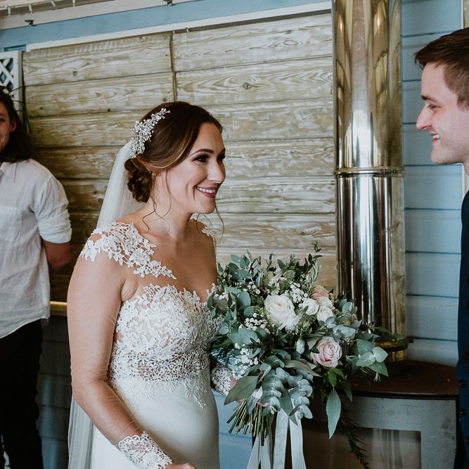 Wedding Ceremony | Bride in Lace Long Sleeve Martina Liana Wedding Dress | Groom in Navy Three-piece Suit | Lusty Glaze Beach Wedding Newquay Cornwall | Alexa Poppe PhotographyLusty Glaze Beach Wedding Newquay Cornwall | Alexa Poppe Photography