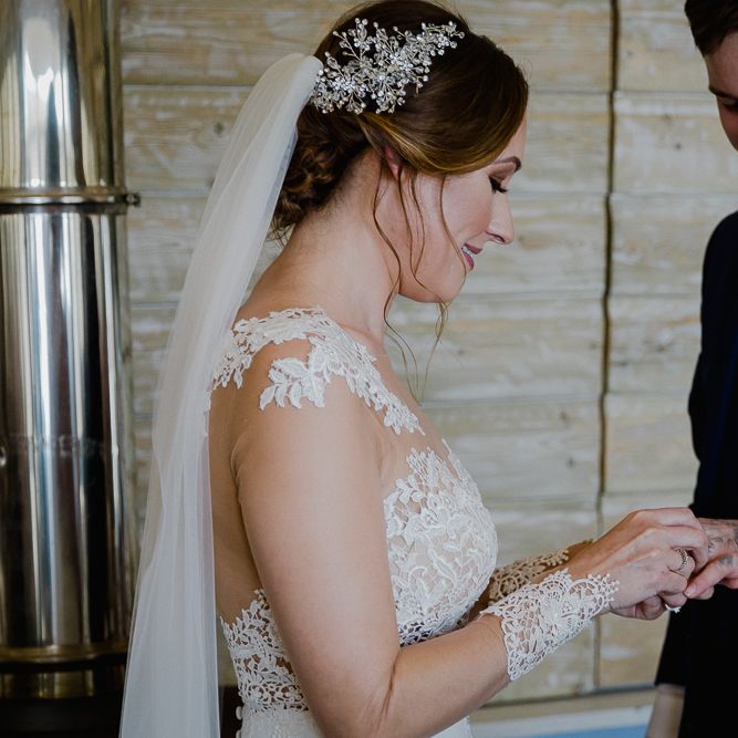Wedding Ceremony | Bride in Lace Long Sleeve Martina Liana Wedding Dress | Groom in Navy Three-piece Suit | Lusty Glaze Beach Wedding Newquay Cornwall | Alexa Poppe PhotographyLusty Glaze Beach Wedding Newquay Cornwall | Alexa Poppe Photography