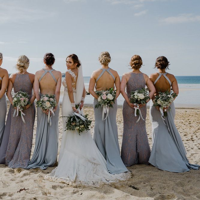 Bridal Party | Bridesmaids in Powder Blue Jarlo London Bridesmaid Dresses | Bride in Long Sleeve Lace Martina Liana Wedding Dress | Lusty Glaze Beach Wedding Newquay Cornwall | Alexa Poppe PhotographyLusty Glaze Beach Wedding Newquay Cornwall | Alexa Poppe Photography