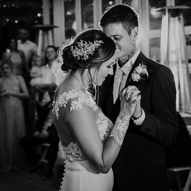 First Dance | Bride in Lace Long Sleeve Martina Liana Wedding Dress | Groom in Navy Three-piece Suit | Lusty Glaze Beach Wedding Newquay Cornwall | Alexa Poppe PhotographyLusty Glaze Beach Wedding Newquay Cornwall | Alexa Poppe Photography