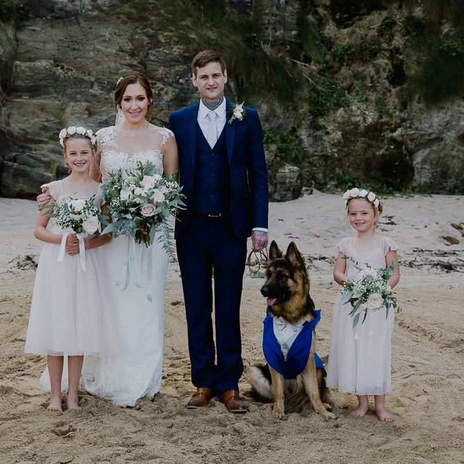 Family Coastal Portrait | Bride in Lace Long Sleeve Martina Liana Wedding Dress | Groom in Navy Three-piece Suit | Lusty Glaze Beach Wedding Newquay Cornwall | Alexa Poppe PhotographyLusty Glaze Beach Wedding Newquay Cornwall | Alexa Poppe Photography