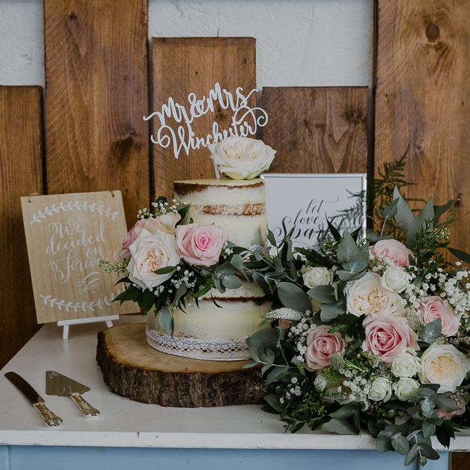 Semi Naked Wedding Cake on Tree Slice Cake Stand | Lusty Glaze Beach Wedding Newquay Cornwall | Alexa Poppe Photography