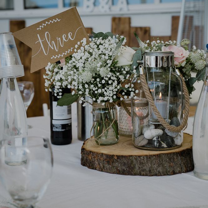 Tree Slice &amp; Flowers in Jars Table Centrepiece | Wedding Decor | Lusty Glaze Beach Wedding Newquay Cornwall | Alexa Poppe Photography