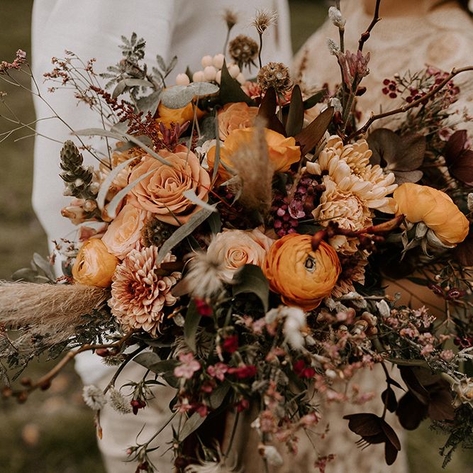 Wild Bridal Bouquet with Burnt Orange Flowers, Foliage and Dried Grasses