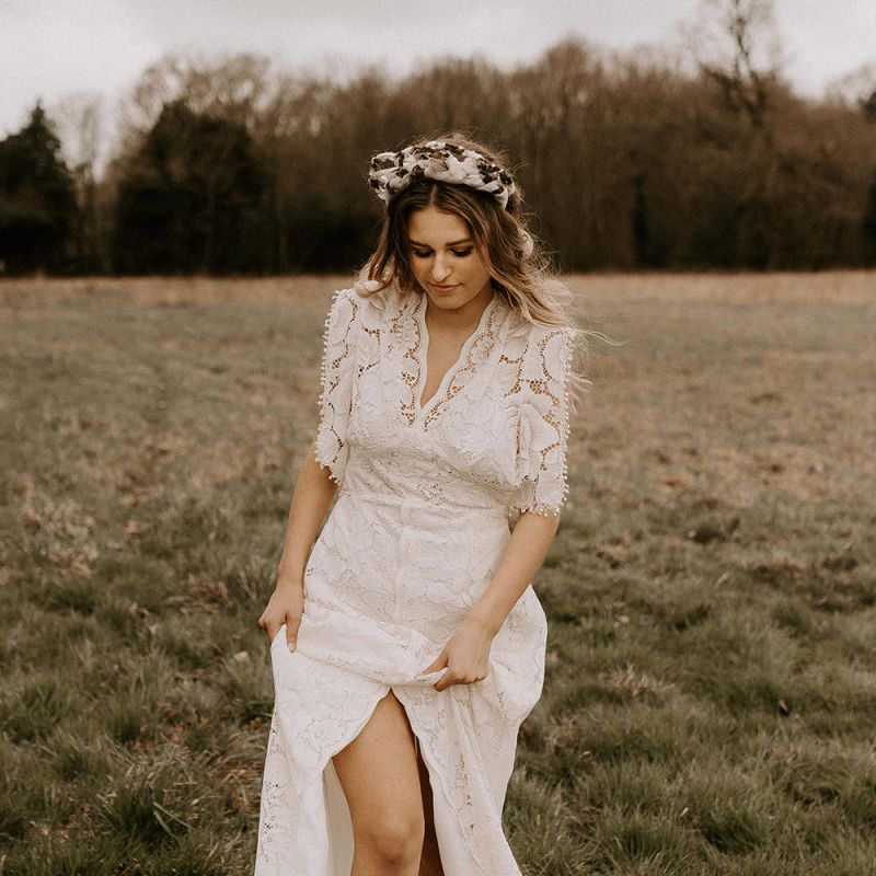 Boho Bride in Turban Headband and Lace Wedding Dress with Front Split