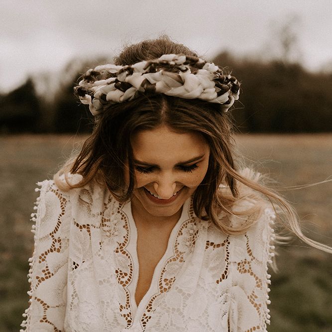 Laughing Bride in Black and White Turban Headband Accessory