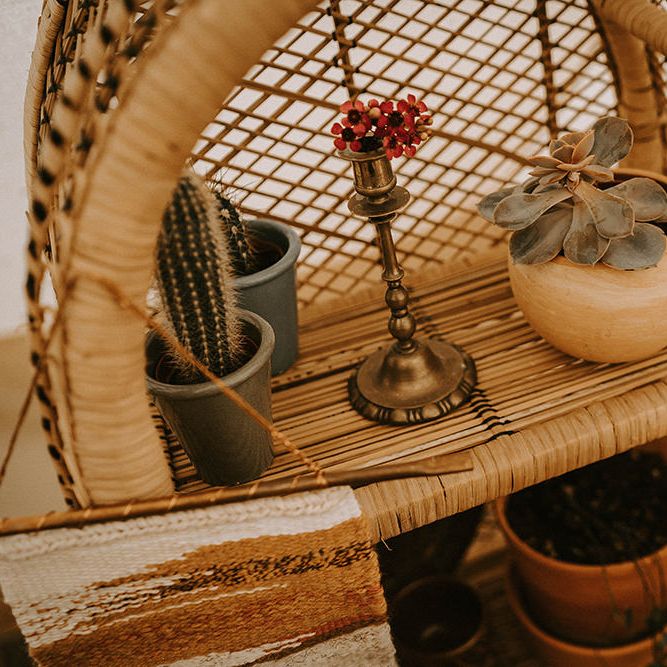 Wicker Shelving Unit with Cactus Plants, Succulents and Gold Candlestick