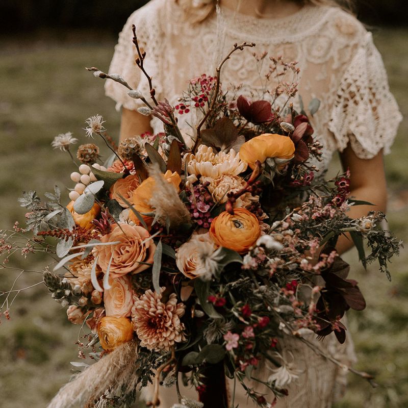 Boho Wedding Bouquet with Orange Flowers, Dried Grasses and Foliage