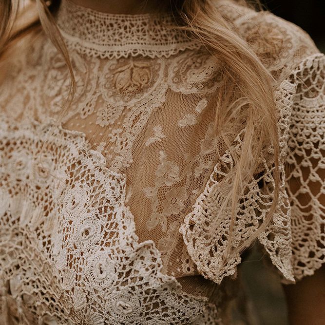 Crochet and Lace Boho Wedding Dress with High Neck and Cap Sleeves