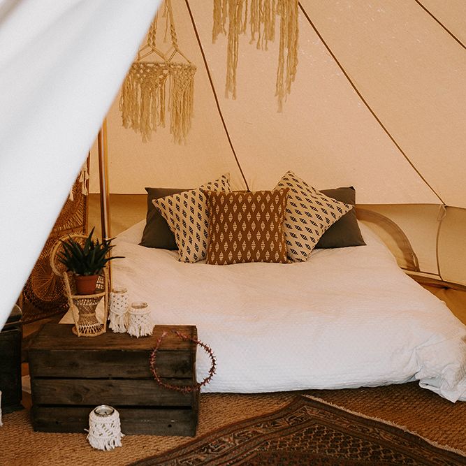 Bell Tent with Comfy Bed, Wooden Crate sand Hanging Macrame Decor