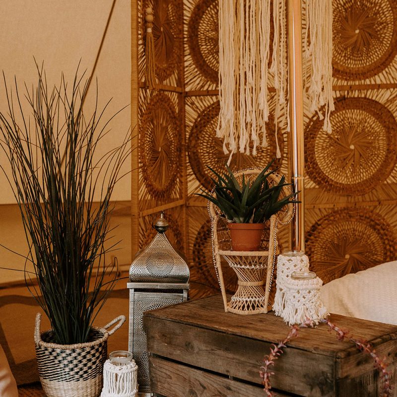 Wicker Screen, Wooden Crates, Storm Lantern and Potted Plants Bell Tent Decor