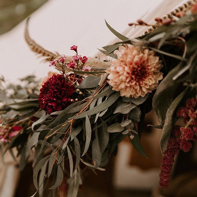 Foliage and Dahlia Wedding Flower Decor for the Bell Tent Entrance