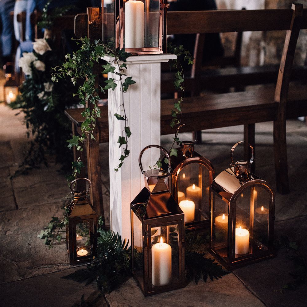 Lanterns And Foliage For Wedding Aisle Decor // Image From Samuel Docker Photography