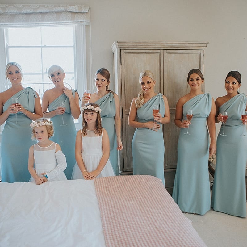 Bridesmaids in Mint Green One Shoulder Vivie Grace by Jayde Spicer | Pastel Pink &amp; Mint Green Wedding at Granary Estates Suffolk | Julia &amp; You Photography