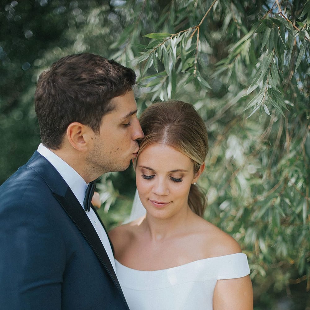 Bride in Suzanne Neville Bardot Nouveau Wedding Dress | Groom in Black Tie | Pastel Pink &amp; Mint Green Wedding at Granary Estates Suffolk | Julia &amp; You Photography