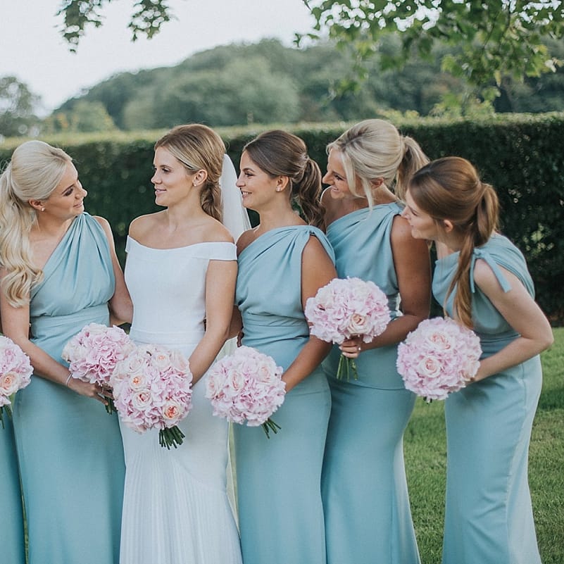 Bridal Party | Bridesmaids in Mint Green One Shoulder Vivie Grace by Jayde Spicer | Bride in Suzanne Neville Bardot Nouveau Wedding Dress | Pastel Pink &amp; Mint Green Wedding at Granary Estates Suffolk | Julia &amp; You Photography