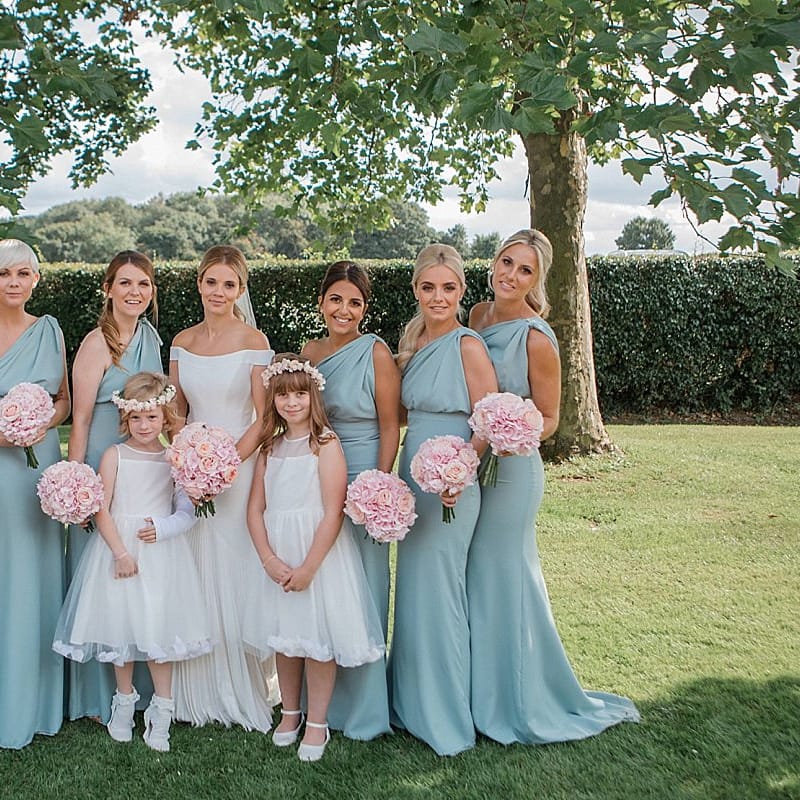 Bridal Party | Bridesmaids in Mint Green One Shoulder Vivie Grace by Jayde Spicer | Bride in Suzanne Neville Bardot Nouveau Wedding Dress | Pastel Pink &amp; Mint Green Wedding at Granary Estates Suffolk | Julia &amp; You Photography