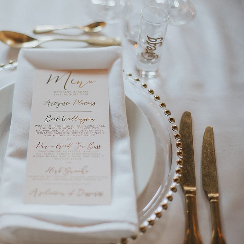 Gold Foil Menu Card on Platter | Place Setting | Pastel Pink &amp; Mint Green Wedding at Granary Estates Suffolk | Julia &amp; You Photography