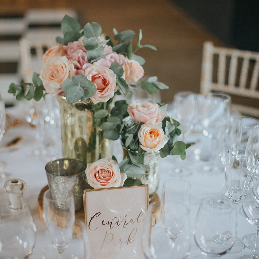 Pink Rose Floral Centrepiece | Pastel Pink &amp; Mint Green Wedding at Granary Estates Suffolk | Julia &amp; You Photography