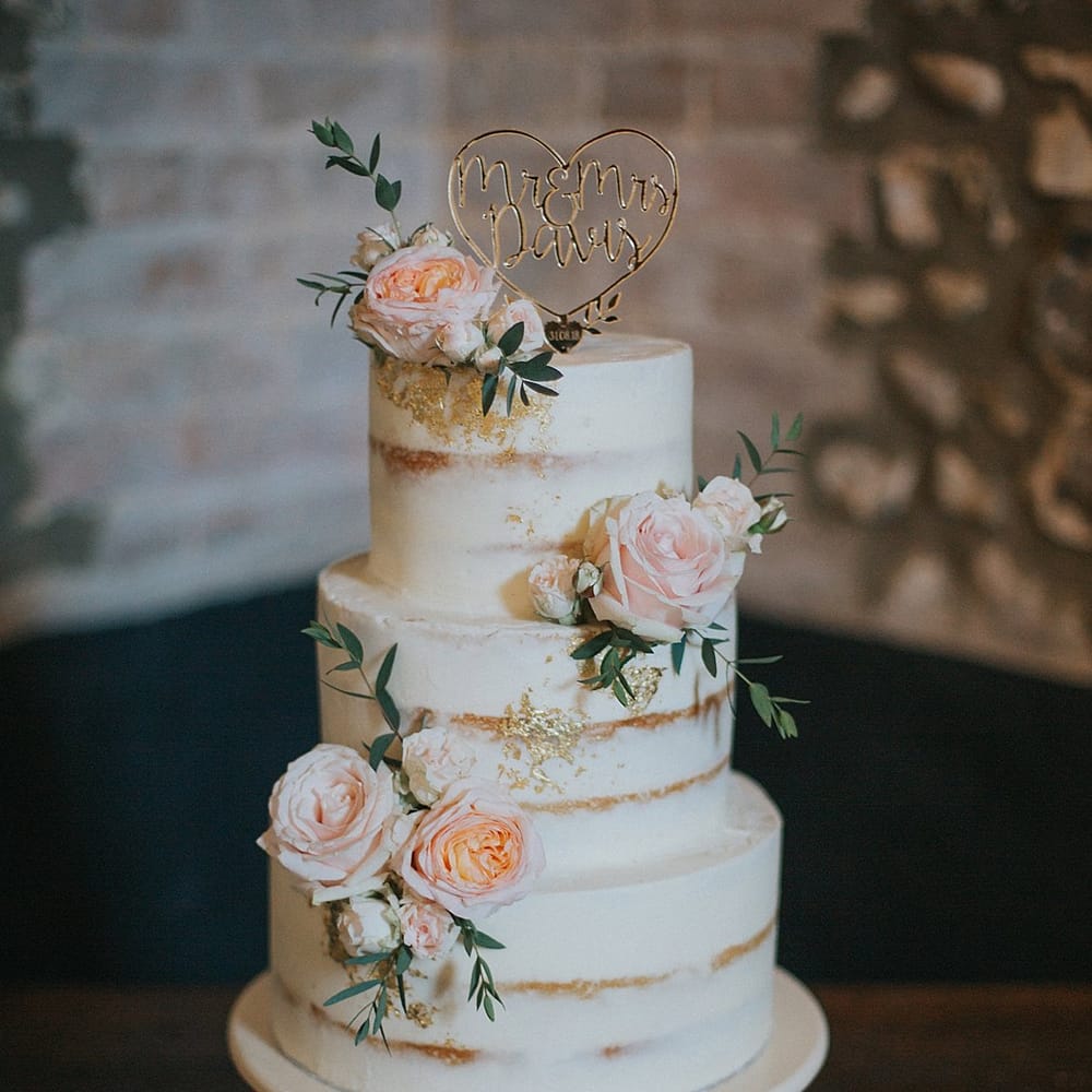 Semi Naked Wedding Cake with Blush Pink Rose Decor | Pastel Pink &amp; Mint Green Wedding at Granary Estates Suffolk | Julia &amp; You Photography