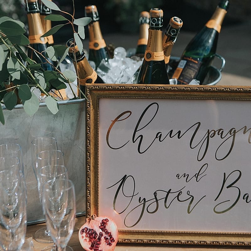 Gold Foil Champagne &amp; Oyster Bar Wedding Sign | Pastel Pink &amp; Mint Green Wedding at Granary Estates Suffolk | Julia &amp; You Photography