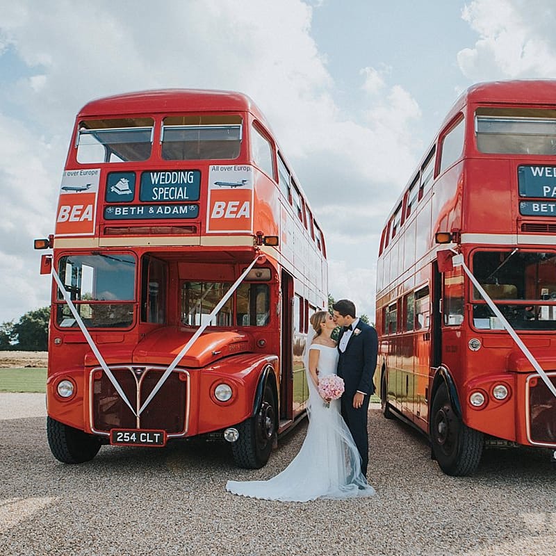 Double Decker London Buses Wedding Transport | Pastel Pink &amp; Mint Green Wedding at Granary Estates Suffolk | Julia &amp; You Photography