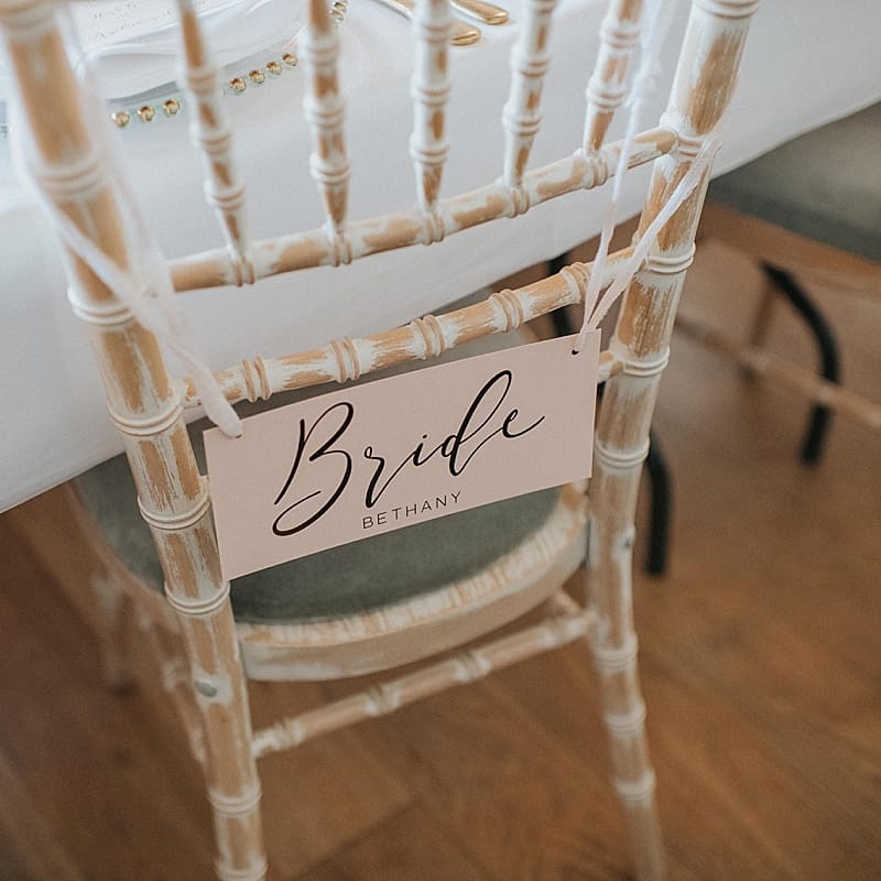 Gold Foil Bride Chair Back Decor | Pastel Pink &amp; Mint Green Wedding at Granary Estates Suffolk | Julia &amp; You Photography