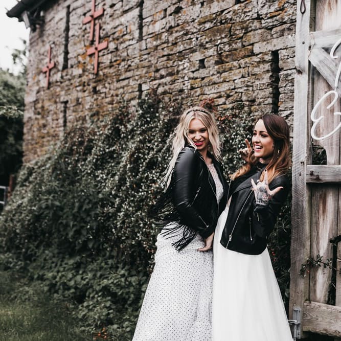 Rock n Roll brides in black and white wedding dress, separates and leather jackets