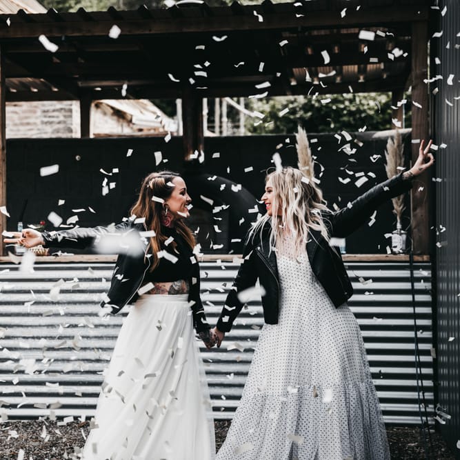 Alternative brides in leather jackets