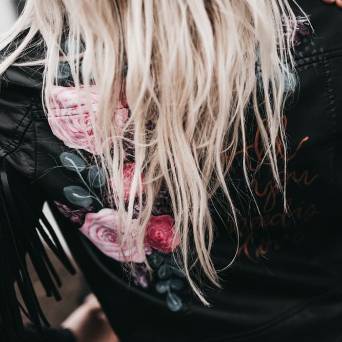 Customised black leather jacket bridal coverup