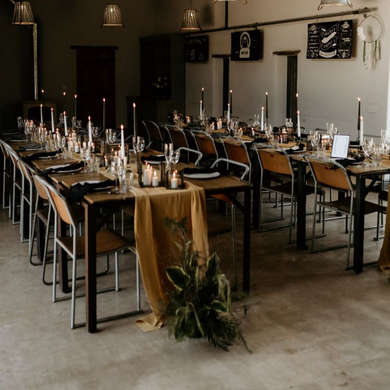 Barn Wedding Reception Decor with Tapper Candles  and Table Runner