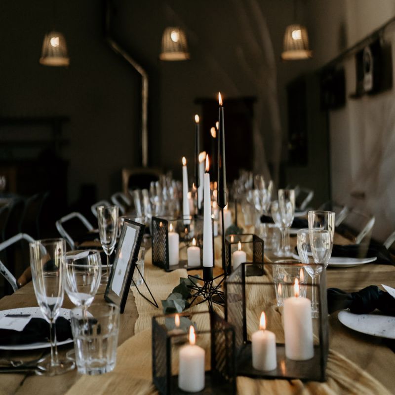 Black Candle Sticks and Hurricane Lamps with Taper Candles