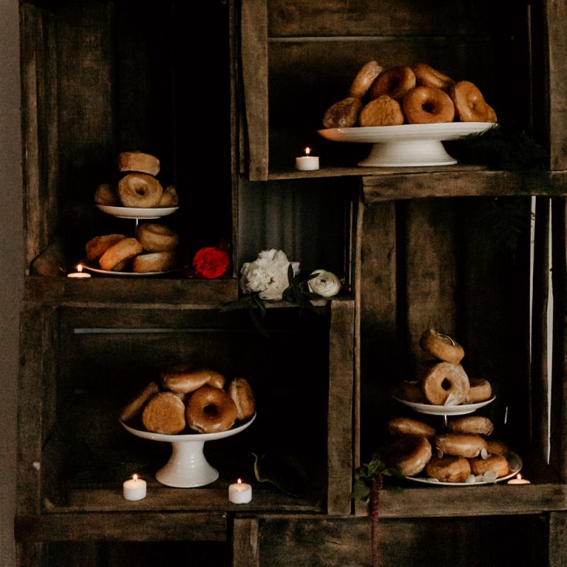 Doughnut Station on Wooden Crates and Cake Stands