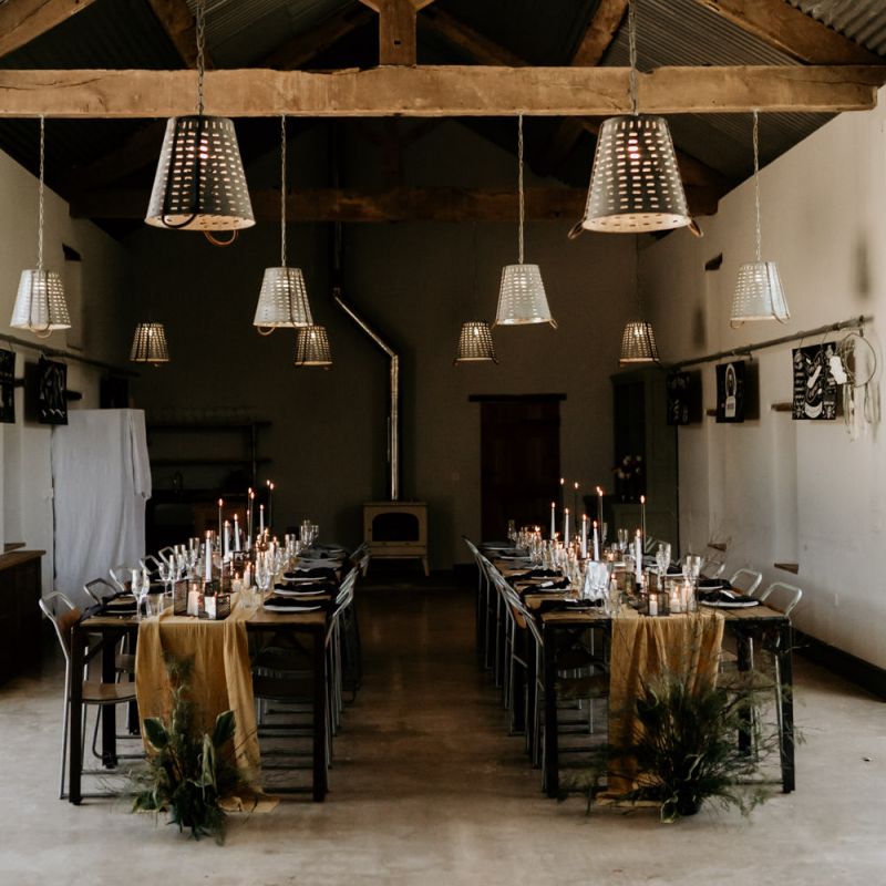 Industrial Barn Wedding Decor with Trestle Tables, Table Runner and Taper Candles