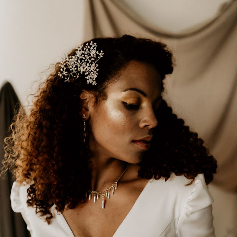 Black Bride with Afro Hair &amp; Cheek Highlighter in White Jumpsuit